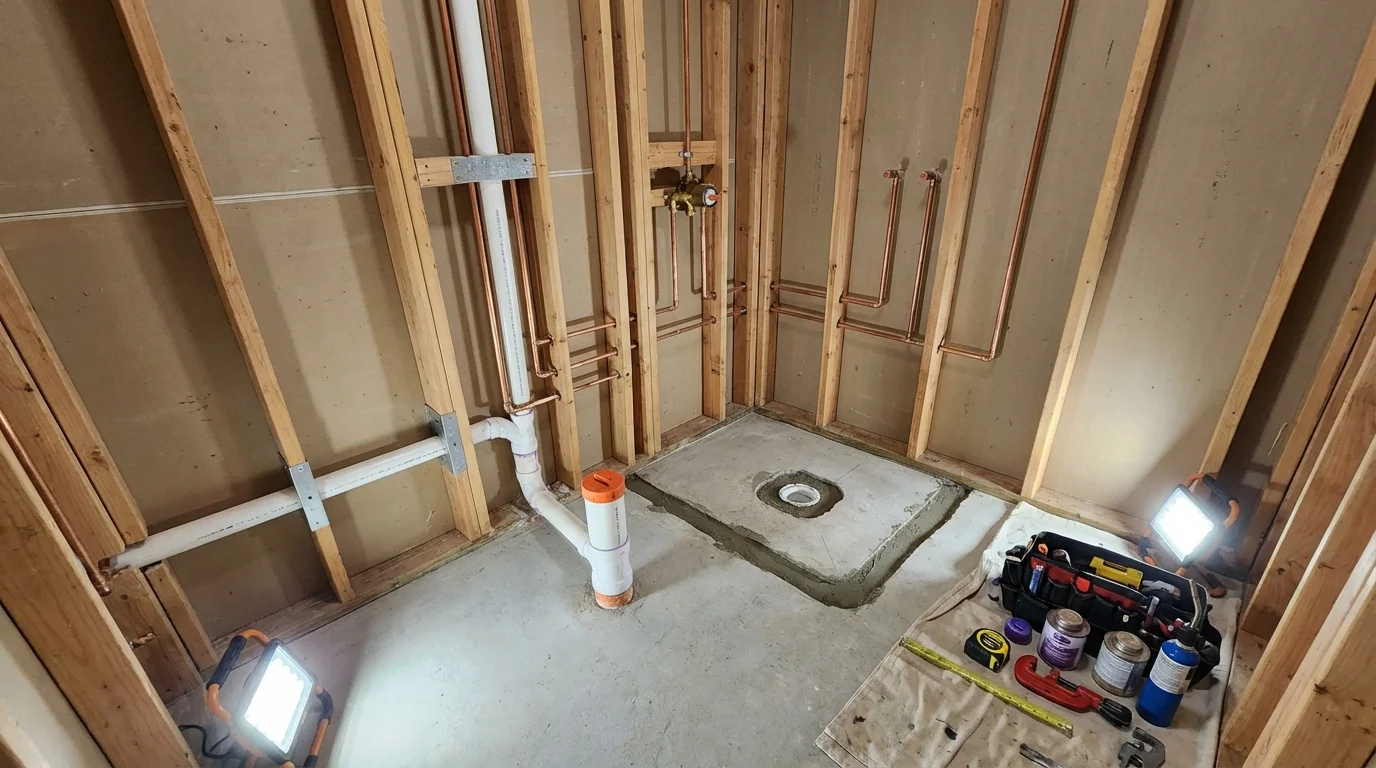 Bathroom rough-in plumbing during remodel by Johns Plumbing LLC in Jasonville