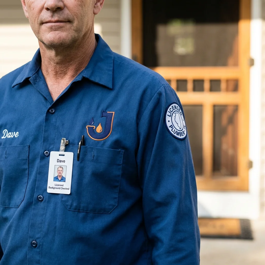 Licensed plumber showing ID badge in Jasonville, IN