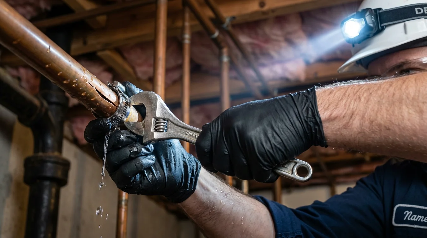 Emergency pipe clamp repair being performed by a Johns Plumbing LLC plumber in Jasonville