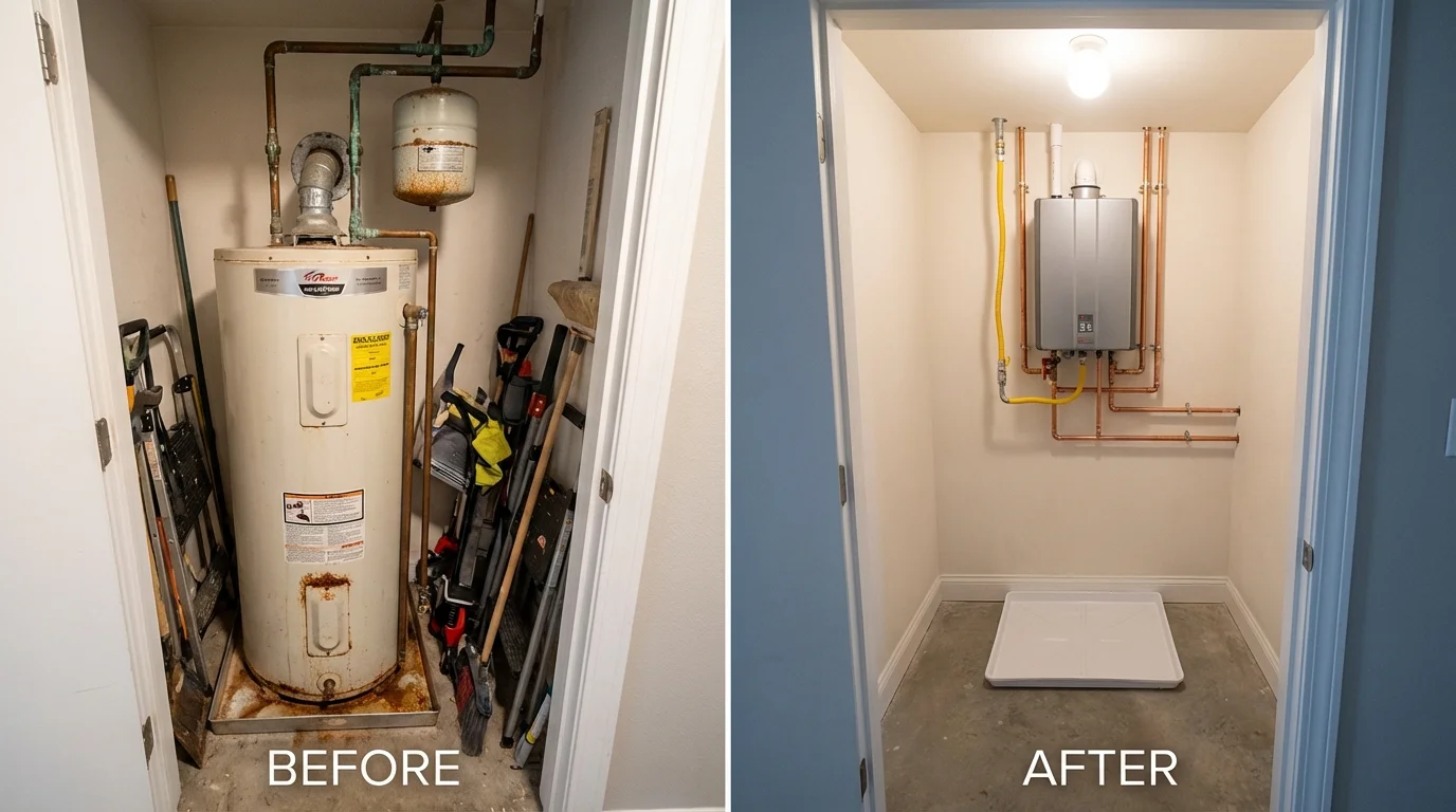 Tank water heater versus wall-mounted tankless unit comparison for Jasonville, IN homeowners