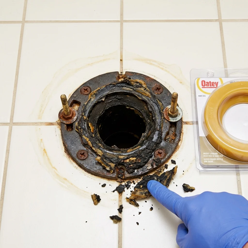Failed wax ring showing water seepage at the base of a toilet in a Jasonville, IN home
