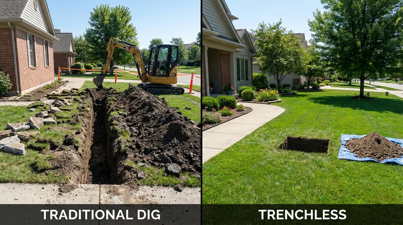 Trenchless sewer repair with minimal yard damage versus traditional excavation in Jasonville, IN