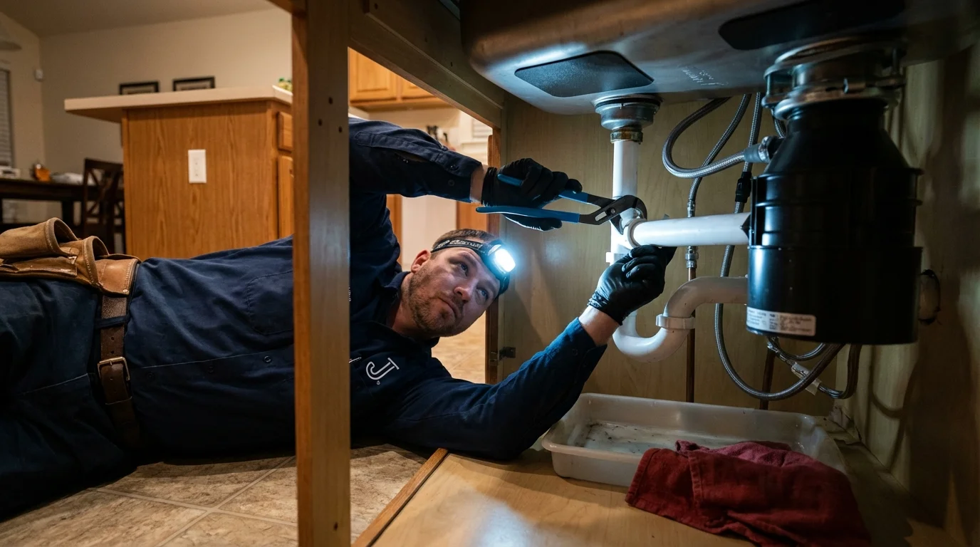P-trap and supply line connections under a kitchen sink showing a common leak point in Jasonville, IN